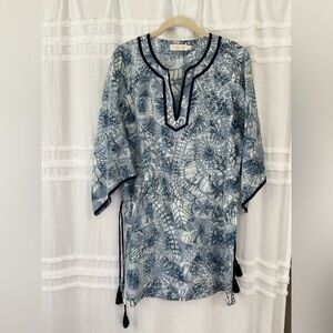 Tory Burch Navy and White Leaf Print Top Tunic Size Small
